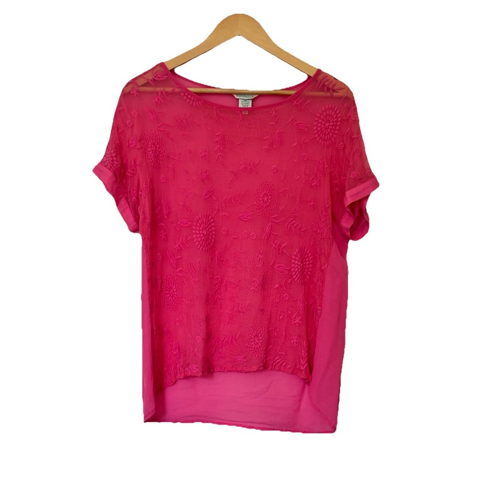 Sundance Women's Pink Embroidered Sheer Chiffon Blouse Petite Small Peasant Boho
